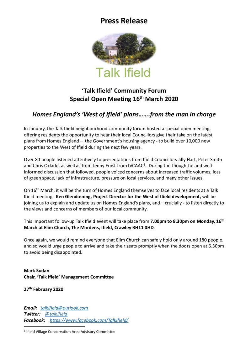 Talk Ifield press release